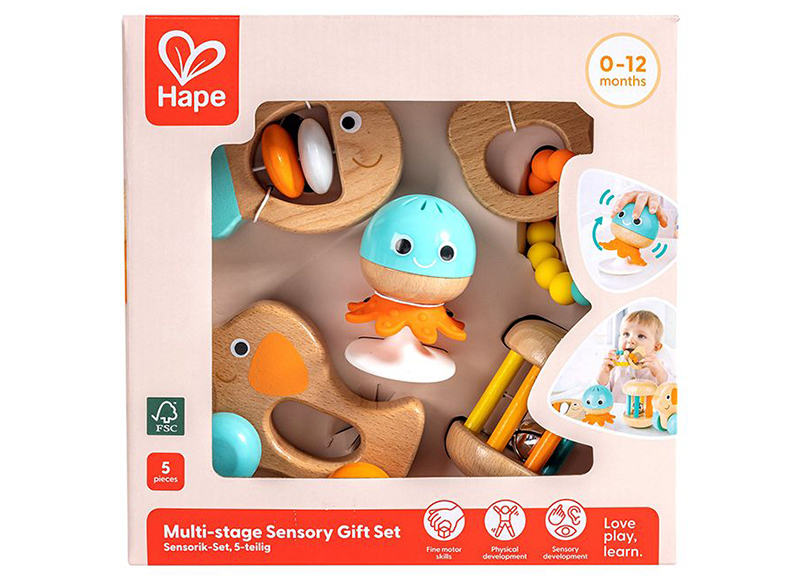 Rammelaar - multi sensorische rammelaarset - Hape - hout - set van 5