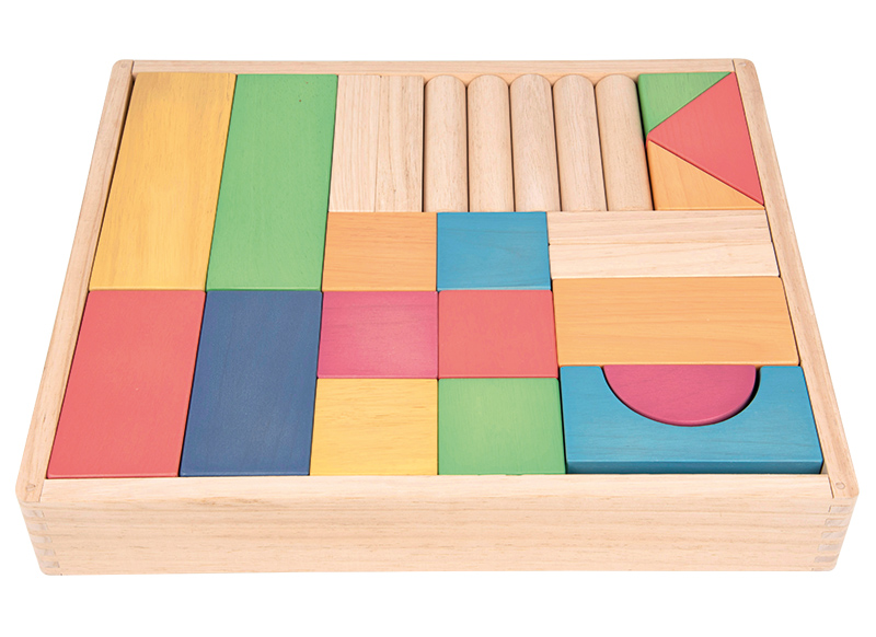 Speelblokken - tickit Rainbow Wooden Jumbo Block Set - hout - regenboogkleuren - met opbergtray - loose parts - set van 54 assorti