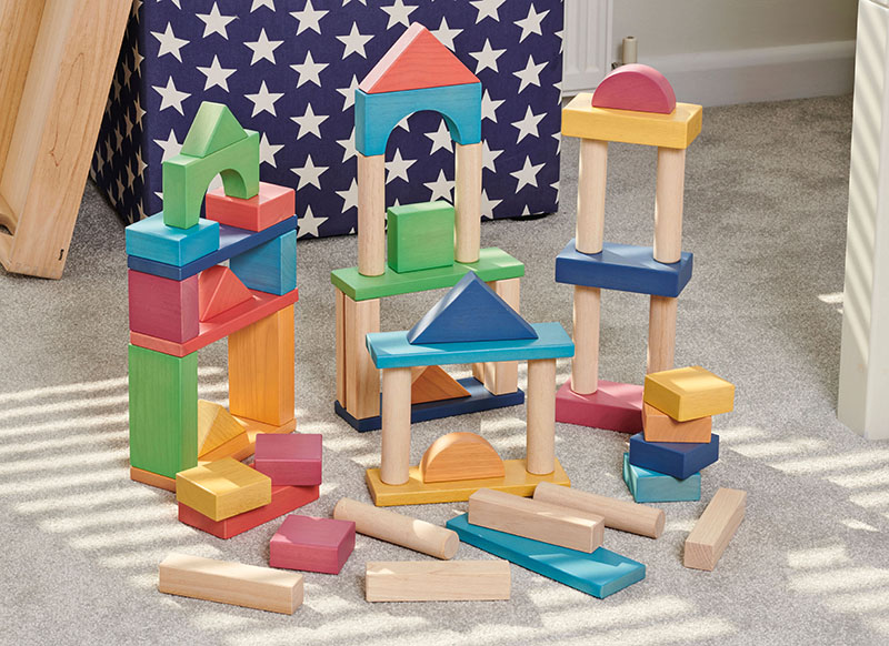 Speelblokken - tickit Rainbow Wooden Jumbo Block Set - hout - regenboogkleuren - met opbergtray - loose parts - set van 54 assorti