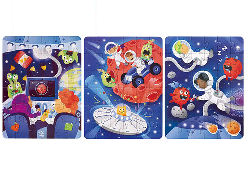 Puzzels - karton - Hape - 3-in 1 puzzel - intergalactic - per puzzel